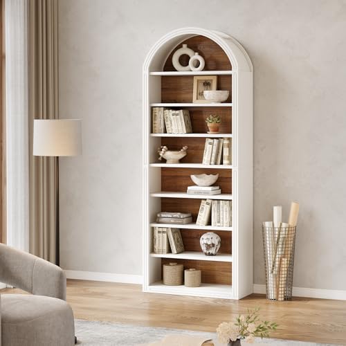 LITTLE TREE 8-Tier Bookcase, 78.7" Tall Bookshelf with Arched Top, Large Freestanding Wooden Open Bookcase Bookshelf, Modern Book Shelf Organizer for Living Room, Bedroom, Office, Library, White Brown LITTLE TREE