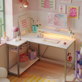 Bestier White Computer Desk with Charging Port & LED Strip,42 inch Modern Gaming Desk with Reversible Storage Shelves,Small L Shaped Desk with Hooks for Home Office Bestier