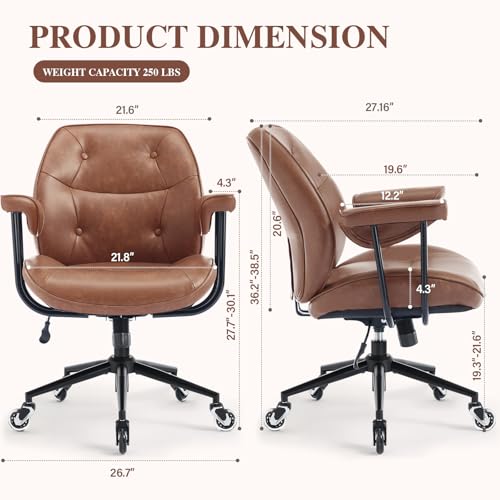 Home Office Desk Chair Retro Faux Leather Chair with Lumbar Support &Rubber Wheels, Mid Back Ergonomic Computer Chair Swivel Rolling Work Chair Coolka