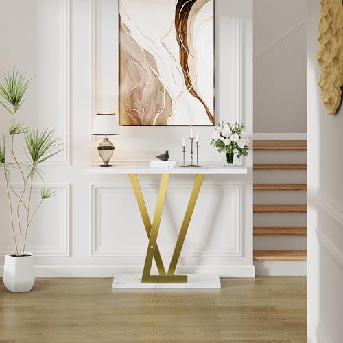 43.3" Gold Console Table, Modern Entryway Table with White Faux Marble Top & Metal Base, Narrow Sofa Table for Living Room, Hallway, Foyer PyroLog