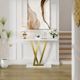 43.3" Gold Console Table, Modern Entryway Table with White Faux Marble Top & Metal Base, Narrow Sofa Table for Living Room, Hallway, Foyer PyroLog