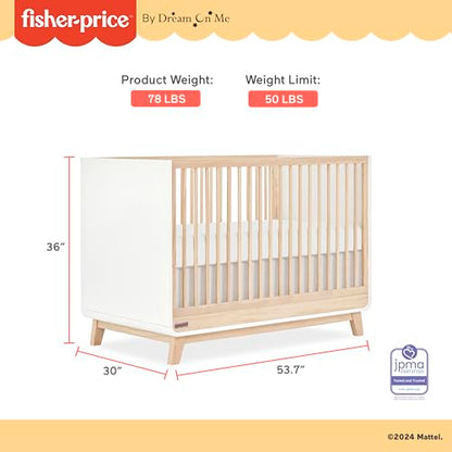 Dream On Me Fisher Price Siesta 3-in-1 Convertible Crib, White Vintage Oak