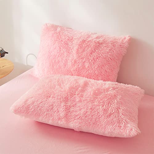 FOPPA Fluffy comforters Cover Twin Size - Ultra Soft Plush Pink Bedding Sets 2 Pieces (1 Faux Fur Comforter Cover + 1 Fuzzy Pillow case) Girls Shaggy Pink Twin Bed Set (Light Pink, Twin) FOPPA