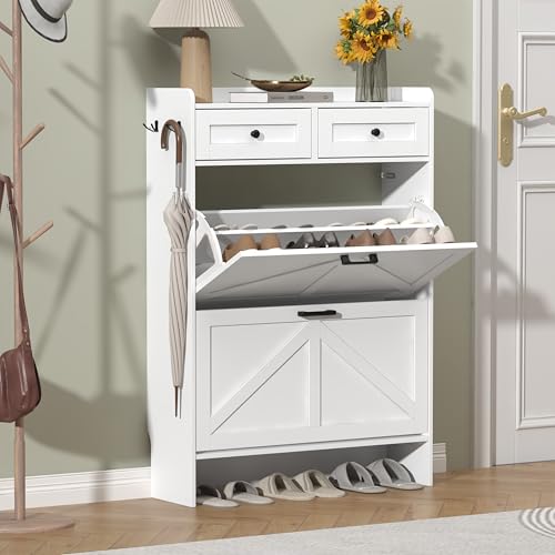 Thacuok Shoe Cabinet with 2 Flip Drawers & 2 Storage Drawers, Rustic Farmhouse Narrow Shoe Organizer Cabinet, Slim Shoe Rack Cabinet, Shoe Storage Cabinet for Entryway, Hallway, Front Door Thacuok
