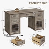 RALGEND 58" Farmhouse Executive Desk with Drawers, LED Light, Computer Desk with Drawers and File Cabinet, Wooden Home Office Desk with Charging Station, Workspace for Writing, Greige RALGEND