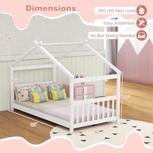KOMFOTT Low Profile Twin House Bed Frame for Kids - Safe and Creative Wood Floor Bed with Roof and Headboard in White KOMFOTT