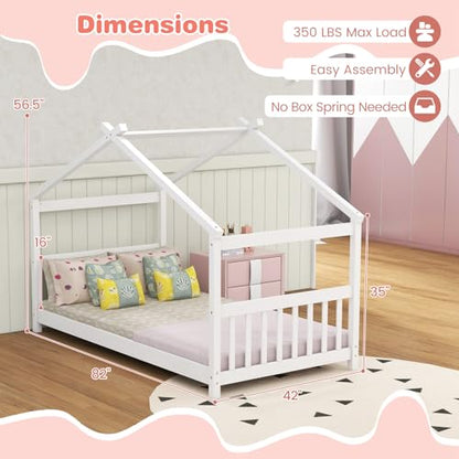 KOMFOTT Low Profile Twin House Bed Frame for Kids - Safe and Creative Wood Floor Bed with Roof and Headboard in White - WoodArtSupply