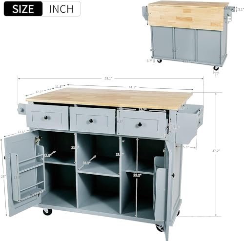 Coolove Kitchen Cart with Rubber Wood Drop-Leaf Countertop,Kitchen Island on 5 Wheels with Storage Cabinet and 6 Drawers for Dinning Room