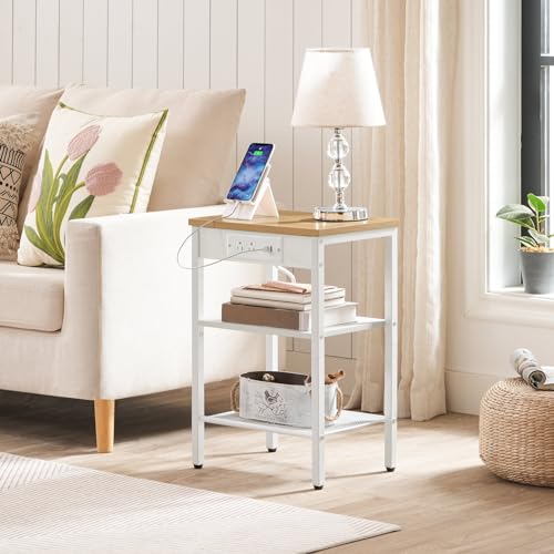 HOOBRO End Table with Charging Station and USB Ports, 3-Tier Nightstand with Adjustable Shelves, Small Side Table for Small Space in Living Room, Bedroom and Balcony, Natural and White WN112BZ01 HOOBRO