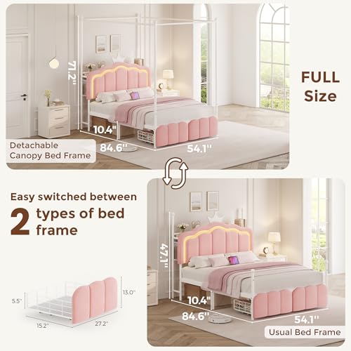 Full Velvet Upholstered LED Canopy Bed Frame with 2 Storage Drawers and Charging Station, Crown Headboard with Bookshelf, Two-Use Princess Platform Bed with 4 Removable Posts,Metal Slats Support-Pink Jocoevol