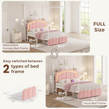 Full Velvet Upholstered LED Canopy Bed Frame with 2 Storage Drawers and Charging Station, Crown Headboard with Bookshelf, Two-Use Princess Platform Bed with 4 Removable Posts,Metal Slats Support-Pink Jocoevol
