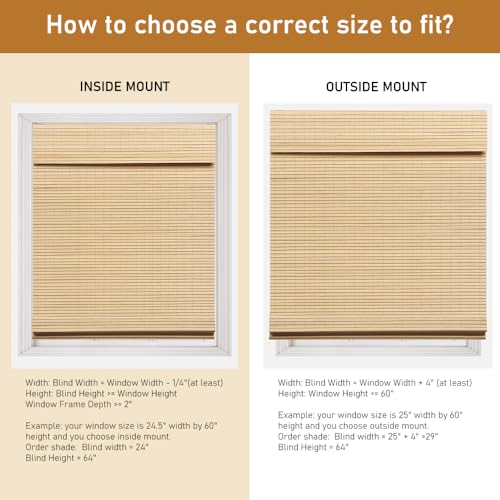 SEEYE Cordless Natural Bamboo Roman Shades - 95% Blackout Privacy Blinds for Home and Office, 30" W x 64" H SEEYE