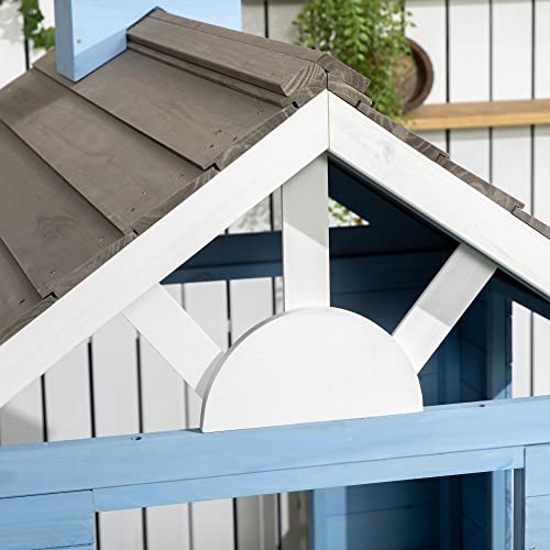 Outsunny Playhouse for Kids Outdoor, Country Style Wooden Playhouse with Flower Pot Holders, Working Door, Windows, Service Stations for 3-7 Years, Outsunny