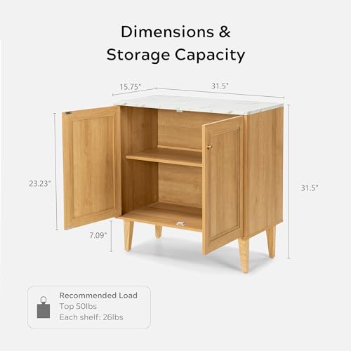 EYYTHUNG Storage Cabinet Sideboard Buffet Cabinet, Modern Accent Cabinet with Faux Marble Top & Adjustable Shelves, Wooden Credenza, Console Table Entryway Cabinet for Living Room, Oak EYYTHUNG