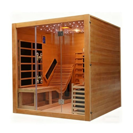 TaTalife Dual System Sauna Room with Recliner, Luxurious Far Infrared & Steam Indoor Saunas, 2-3 Person Red Cedar Home Hybrid Sauna, 220V/ 6KW Harvia Electric Heater, Bluetooth Speaker TaTalife