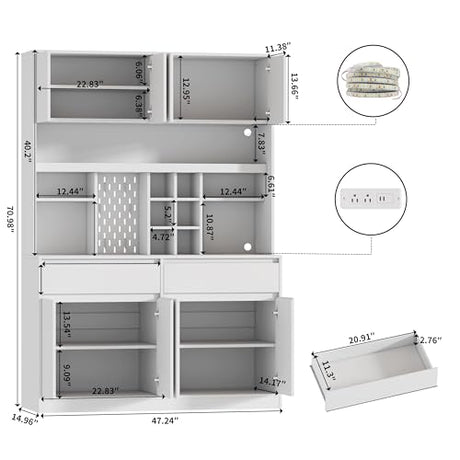 Gyfimoie 71" Kitchen Pantry Storage Cabinet with Charging Station, Kitchen Hutch with LED Light & Open Shelving, Buffet Cabinet with Drawers, Farmhouse Food Pantry for Living Room, White Gyfimoie