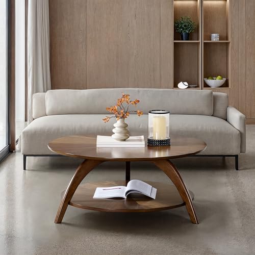 Martin Svensson Home LAX Retro Mid-Century Modern Round Wood Coffee Table with Lower Shelf, Cocktail Table for Living Room or Den. Walnut Brown. Martin Svensson Home