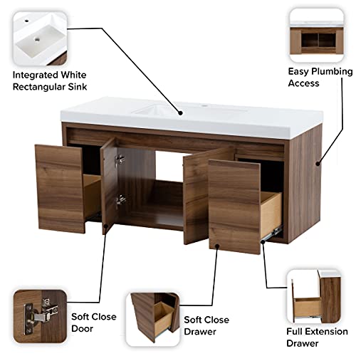 Spring Mill Cabinets Kelby 48 Inch Modern Floating Bathroom Vanity with White Single Sink Top, 2-Door Cabinet, 2 Soft-Close Drawers, 48.5" W x 18.75" D x 22.25"