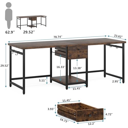 Tribesigns 79 Inch Extra Long Desk, Double Desk with 2 Drawers, Two Person Desk Long Computer Desk with Storage Shelves, Writing Table Study Desk for Home Office, Rustic Brown - WoodArtSupply