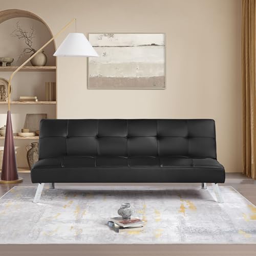 OSP Home Furnishings Kenneth Modern Button Tufted Convertible Click-Clack Futon Sofa Bed, Black Faux Leather with Chrome Legs OSP Home Furnishings