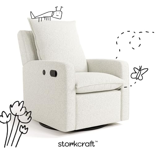 Storkcraft Timeless Recliner Glider with USB Charging Port (Ivory Boucle) - Ultimate Nursery Rocking Chair, Baby Glider Chair for Nursery, 360° Swivel Recliner, Plush Upholstery