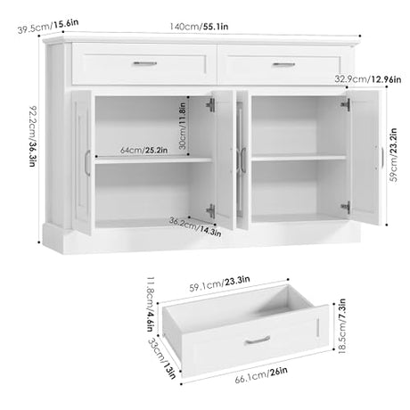 FACBOTALL Sideboard Buffet Cabinet with Storage, 55.1" Large Kitchen Storage Cabinet with 2 Drawers and 4 Doors, Farmhouse Coffee Bar for Kitchen Dining Room, White FACBOTALL