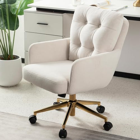 BALIAA Flannel Office Chair, Comfy Home Office Desk Chairs with Lumbar Support, Modern Velvet Desk Chair Gold Legs Small Swivel Task Chair for Home Office, Bedroom, Study (Beige, L) BALIAA