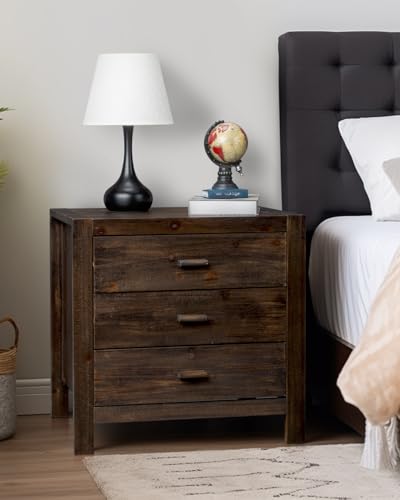 Karl home Farmhouse Nightstand with Charging Station, Solid Pine Wood 3 Drawer Night Stands for Bedroom, Bedside Table with 2 USB Ports & 2 AC Outlets, Vintage End Tables, Brown Karl home