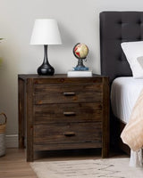 Karl home Farmhouse Nightstand with Charging Station, Solid Pine Wood 3 Drawer Night Stands for Bedroom, Bedside Table with 2 USB Ports & 2 AC Outlets, Vintage End Tables, Brown Karl home