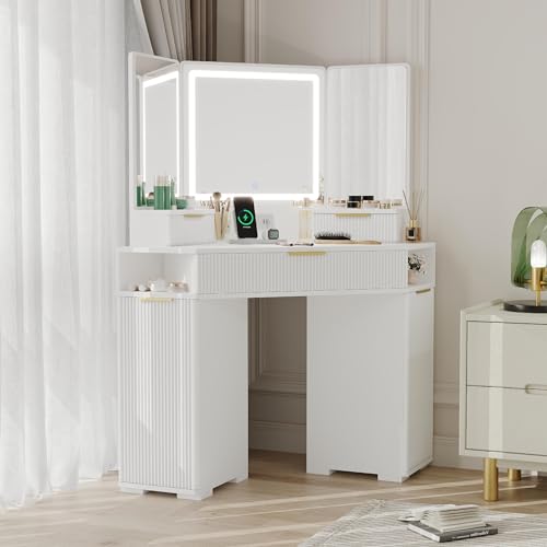 SLEKVERSA Corner Vanity Desk, Vanity Table with Lighted Mirror, Fluted Makeup Desk with Drawers and Cabinets, Corner Dressing Table with Charging Station for Bedroom, White SLEKVERSA