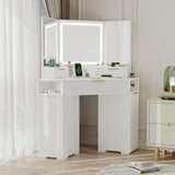 SLEKVERSA Corner Vanity Desk, Vanity Table with Lighted Mirror, Fluted Makeup Desk with Drawers and Cabinets, Corner Dressing Table with Charging Station for Bedroom, White SLEKVERSA