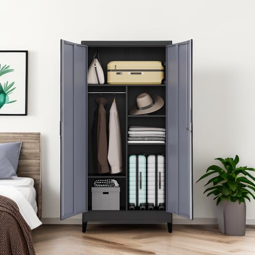 MIIIKO Metal Wardrobe Cabinet with Locking Doors, Metal Locker Armoire Closet for Clothing, 2 Door Steel Storage Cabinet with Adjustable Shelves for Bedroom, Locker Room, Home Office and Garage MIIIKO