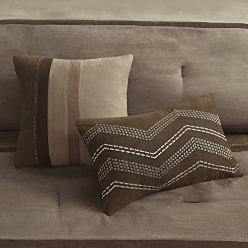 Madison Park Palisades Comforter Set Modern Faux Suede Pieced Stripe Design, All Season Down Alternative Cozy Bedding with Matching Shams, Decorative Pillows, King(104"x92"), Brown 7 Piece Madison Park