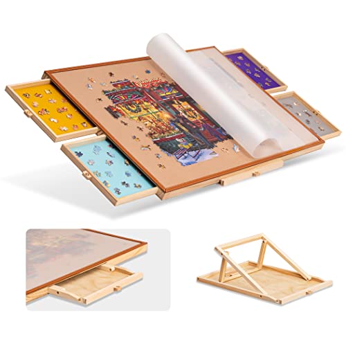 Tektalk Jigsaw Puzzle Table with Leather Bar, Wooden Plateau Portable Puzzle Board Saver with Embedded Adjustable Stand/Bracket and Removable Cover, 4 Sorting Drawers, for Up to 1500 Pieces Tektalk