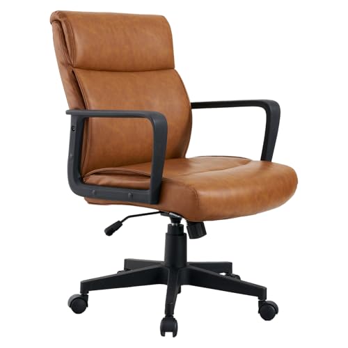 Artswish Leather Office Chair Brown Desk Chair with Wheels Arms, Mid Back Leather Executive Computer Chair Mid Century Chairs for Home Office Artswish