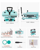 VEVOR Hybrid Heat Press, 15 x 15 inch, 8-in-1 Multifunction, Heat Up Fast and Even, All-New Patented Design, Easy to Control, Sublimation Press Machine for T-Shirts/Tumblers/Caps/Plates, Light Green VEVOR
