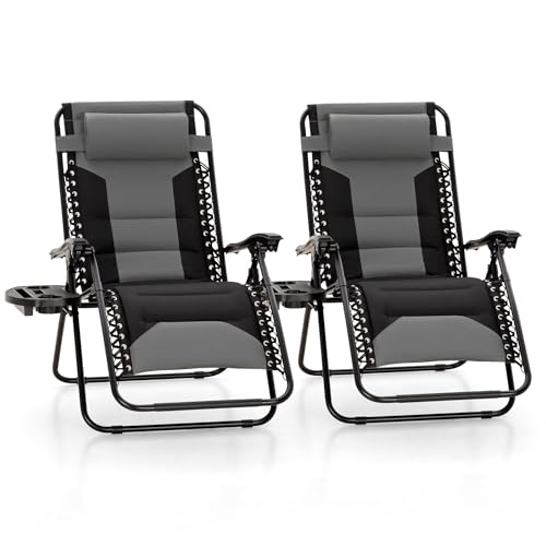 MFSTUDIO Padded Zero Gravity Chair Set of 2, Folding Patio Lounge Recliner with Adjustable Pillows & Cup Holder for Poolside Backyard, Support 400lbs(Grey)