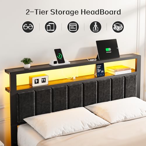 OLEVS Queen Size Bed Frame with LED Lights & Charging Station, Modern Platform Bed with 2-Tier Storage Headboard, No Box Spring Needed, Noise Free OLEVS