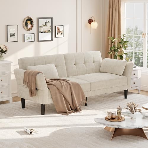 IDEALHOUSE 89" Futon Sofa Bed, Modern Chenille Sleeper Couch with Adjustable Backrest & Armrest, Convertible Futon Couch for Living Room Bedroom Apartments, Beige IDEALHOUSE