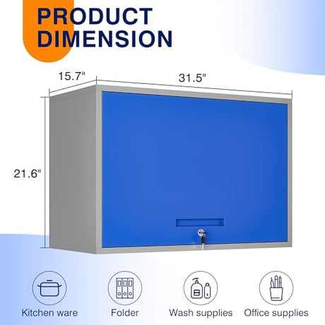 Yizosh Metal Storage Cabinet with Doors & Shelves - Wall Mounted, Floating - Blue Gray, 21.6" H - For Garage, Basement, Kitchen, Warehouse Yizosh