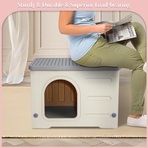 Deblue Weatherproof Cat House for Indoor Outdoor, Durable Outside Cat House for Feral Cats, Unique Cat Shelter for Small Pet, Spacious, Easy to Assemble - Grey Deblue