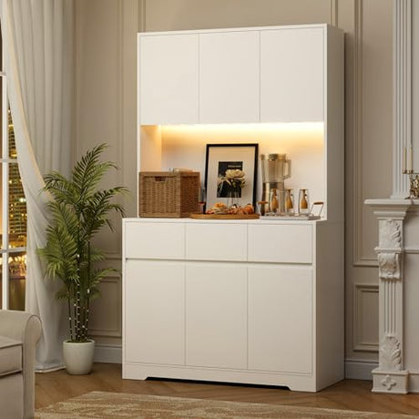 finetones 71'' Tall Kitchen Pantry Storage Cabinet with Power Outlets and Led Lights, Large Kitchen Hutch Buffet Cabinet with Microwave Stand, Pantry Cabinet Kitchen Cabinet with Buffet Cupboard finetones
