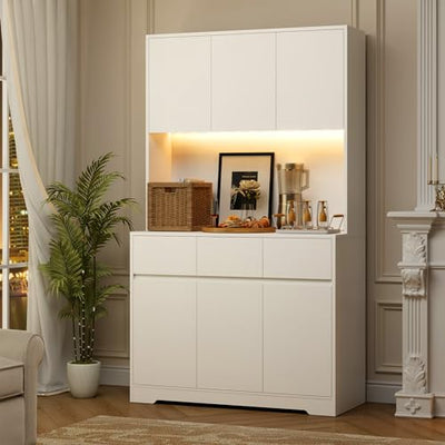 finetones 71'' Tall Kitchen Pantry Storage Cabinet with Power Outlets and Led Lights, Large Kitchen Hutch Buffet Cabinet with Microwave Stand, Pantry Cabinet Kitchen Cabinet with Buffet Cupboard