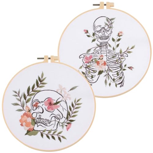 Yangshine 2 Sets Human Anatomy Embroidery Kit for Beginners,Flower with Skull Patterns Cross Stitch Kits,Including Embroidery Hoops, Fabric,Color Threads,Needles,Instructions and Tool Kit