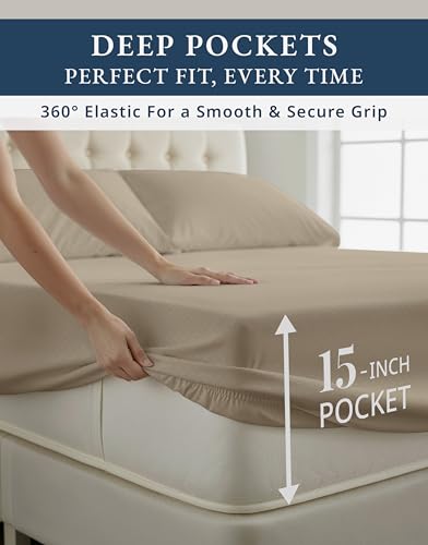 LANE LINEN 100% Egyptian Cotton Bed Sheets - 4PC Full Sheets Set, Long Staple Bedding Sheets, Sateen Weave, Luxury Hotel Sheets, Fits Upto 16" Mattress, Swiss Dot - Taupe LANE LINEN