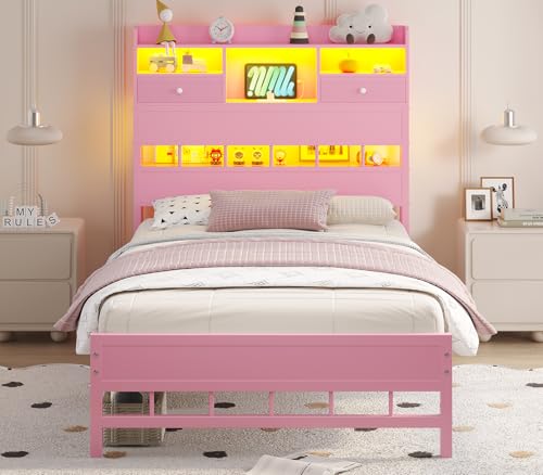 BTHFST Twin Bed Frame with Storage Headboard & Charging Station, LED Bed Frame Twin with 5 Shelves & Under Bed Storage, Platform Bed Frames for Kids, No Box Spring Needed, Pink BTHFST