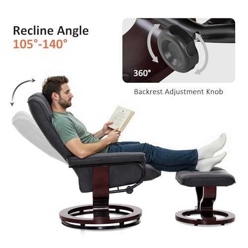 MCombo Manual Swivel Recliner with Ottoman, Chair Ottoman Set for RV Small Spaces, Living Room, Bedroom, Office 9019 4919 (Faux Leather, Dark Grey)