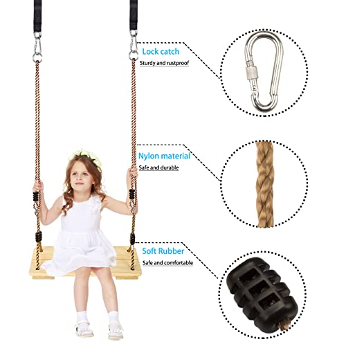 Outdoor Swing, KINSPORY Swing Set for Backyard, Adjustable Nylon Rope with Hanging Tree Straps Kit, Wooden Swing Seat for Indoor Outdoor Porch Patio Garden Playgroud Swing Set Accessories KINSPORY