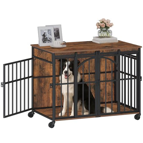 Hzuaneri 37.4" Dog Crate Furniture with Wheels, Wooden Pet Cage Indoor with Barn Door, L Dog Kennel Heavy Duty, Decorative Pet Crate for Small/Medium Dogs, End Table TV Stand, Rustic Brown DFC86201B Hzuaneri