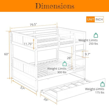 MERITLINE White Full Over Full Bunk Bed with Trundle - Solid Wood Detachable Design for Kids MERITLINE